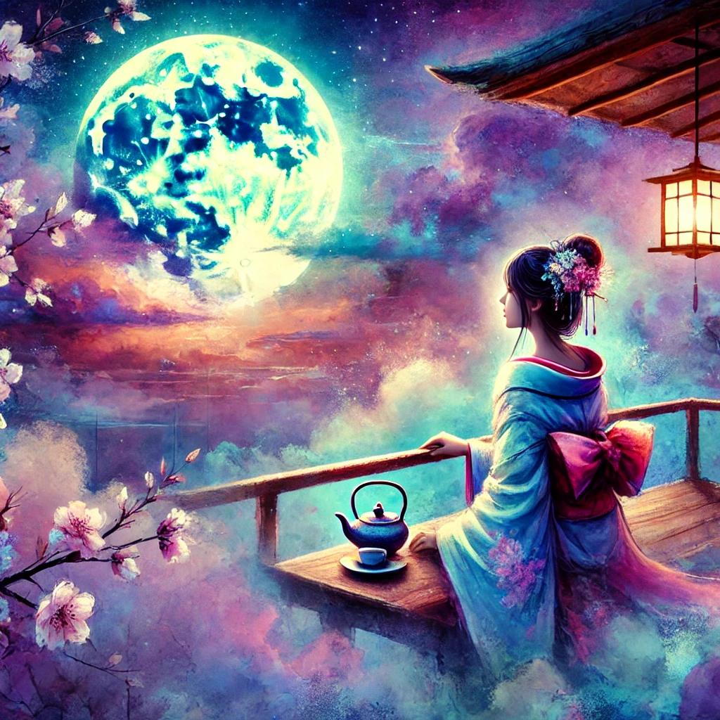 Geisha Viewing the Moon in her balcony having tea in Surreal artform