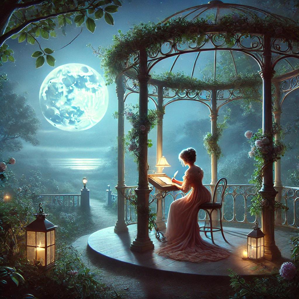 Woman writing a Letter in full moon from a Gazebo