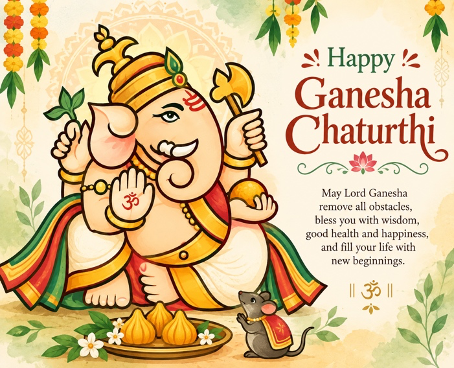 Colorful illustration of Lord Ganesha celebrating Ganesha Chaturthi, holding an axe and a sweet, surrounded by offerings and a mouse at his feet, with the text wishing happiness and blessings.